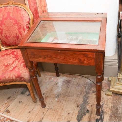 1359 - Pitch Pine Collectors Table Cabinet with Glazed Lift-up Top above Turned Supports Approximately 22 I... 