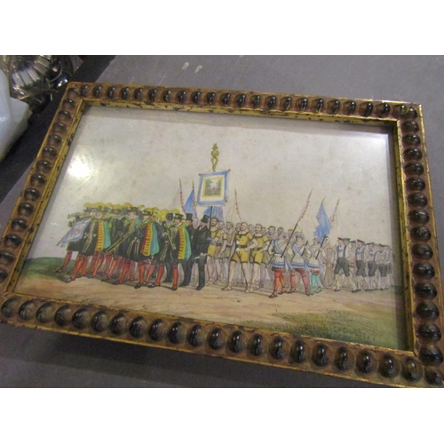 1394 - Antique School Watercolour Depicting Procession Possibly Sporting Event Contained Within Water Gilde... 