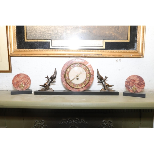 1405 - French Art Deco Rouge Marble Mantle Clock Avian Motif Side Decoration with Pair of Matching Side Thr... 