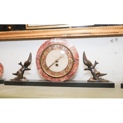 1405 - French Art Deco Rouge Marble Mantle Clock Avian Motif Side Decoration with Pair of Matching Side Thr... 