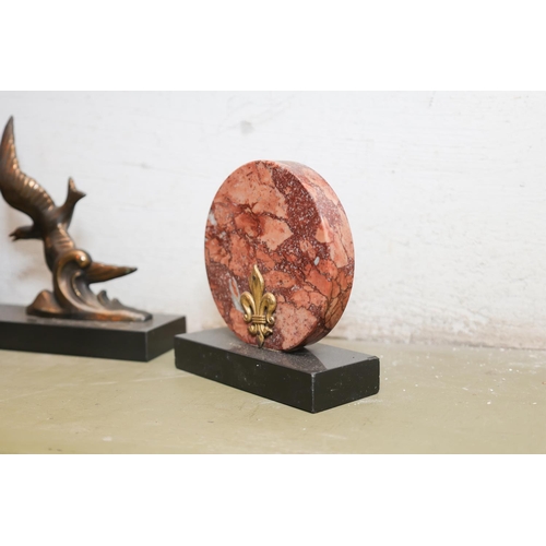 1405 - French Art Deco Rouge Marble Mantle Clock Avian Motif Side Decoration with Pair of Matching Side Thr... 