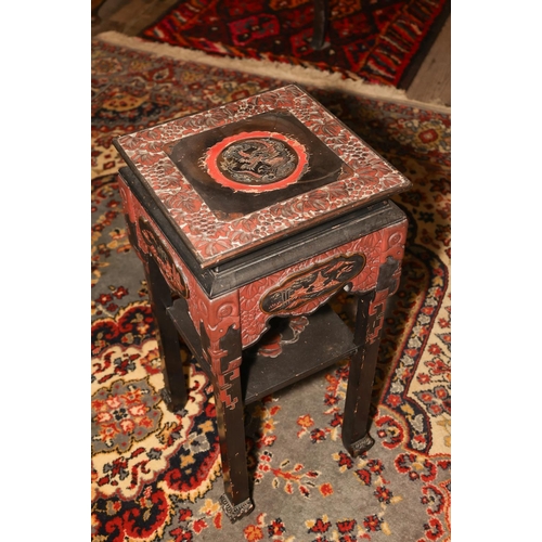 1407 - Oriental Table Attractively Carved and Detailed Red Ground Top Approximately 10 Inches Square x 22 I... 