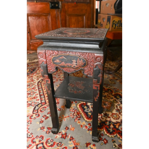 1407 - Oriental Table Attractively Carved and Detailed Red Ground Top Approximately 10 Inches Square x 22 I... 