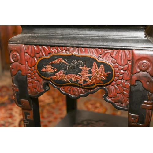 1407 - Oriental Table Attractively Carved and Detailed Red Ground Top Approximately 10 Inches Square x 22 I... 