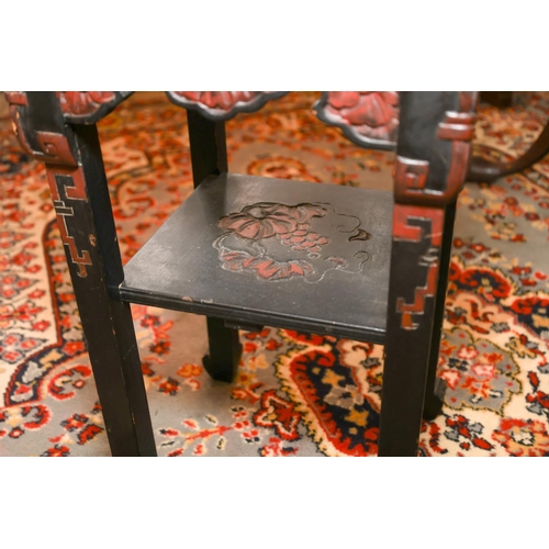 1407 - Oriental Table Attractively Carved and Detailed Red Ground Top Approximately 10 Inches Square x 22 I... 