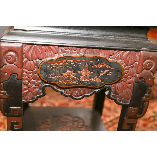 1407 - Oriental Table Attractively Carved and Detailed Red Ground Top Approximately 10 Inches Square x 22 I... 