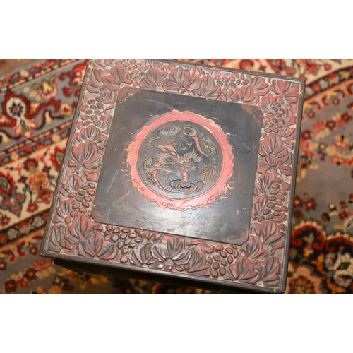 1407 - Oriental Table Attractively Carved and Detailed Red Ground Top Approximately 10 Inches Square x 22 I... 