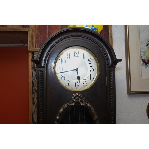 1408 - Grandfather Clock Arch Top Case Silvered Dial Approximately 6ft 10 Inches High Pendulum and Key Pres... 