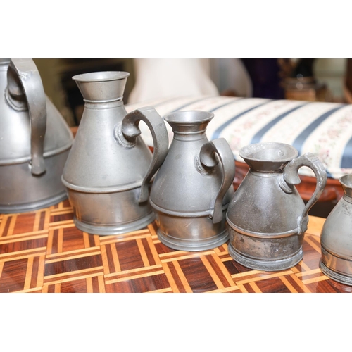 1409 - Set of Six Pewter Measuring Jugs Antique Graduated Form Tallest Approximately 10 Inches High