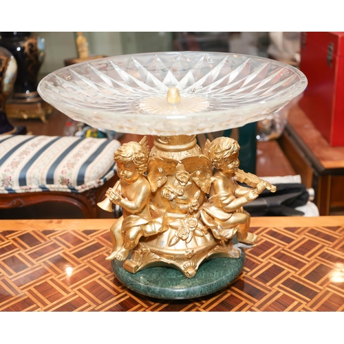 1410 - Gilded Bronze Table Centre Piece Cherub Support Decoration Crystal Taza Above Green Marble Base Appr... 