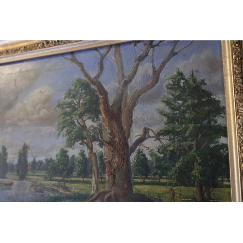 1458 - River Scene with Mill Beyond Contained Within Gilded Frame Oil on Canvas Approximately 18 Inches Hig... 