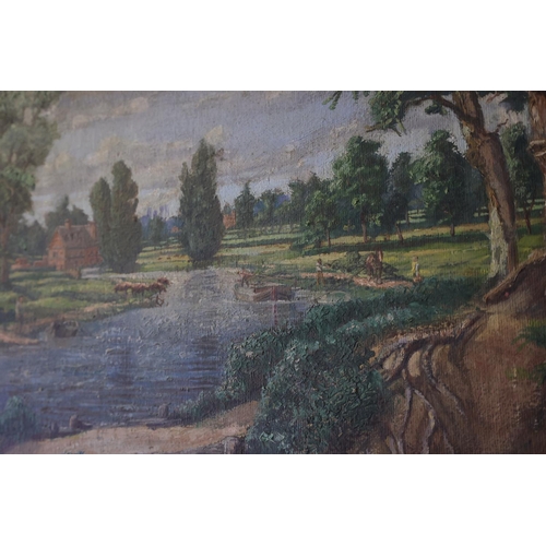 1458 - River Scene with Mill Beyond Contained Within Gilded Frame Oil on Canvas Approximately 18 Inches Hig... 