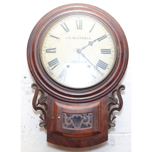 1463 - Victorian Wall Clock Mahogany Cased Roman Numeral Decorated Dial Inscribed J.C. Blundell Limerick Pe... 