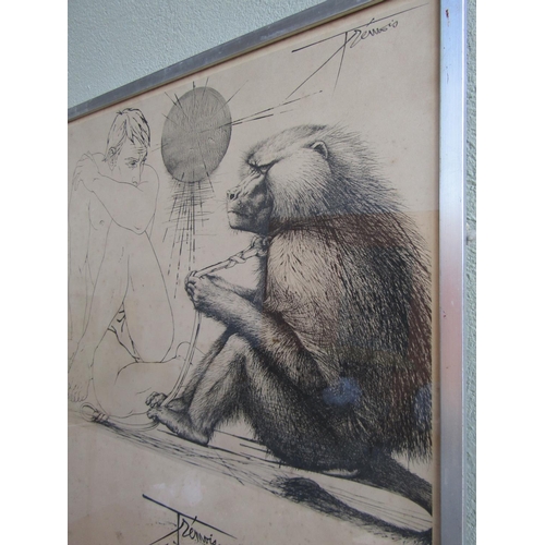 701 - Continental School Engraving Man with Primate Published Paris 1970 Approximately 34 Inches High x 24... 