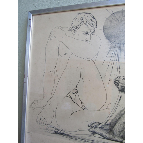 701 - Continental School Engraving Man with Primate Published Paris 1970 Approximately 34 Inches High x 24... 