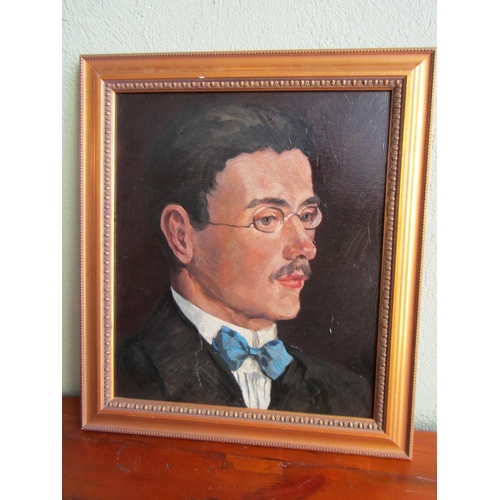 702 - Portrait of Gentleman with Blue Bow Tie and Spectacles Oil on Board Approximately 18 Inches High x 1... 