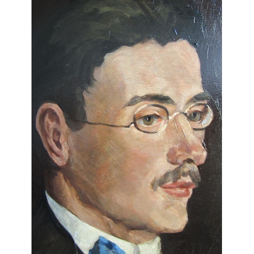 702 - Portrait of Gentleman with Blue Bow Tie and Spectacles Oil on Board Approximately 18 Inches High x 1... 