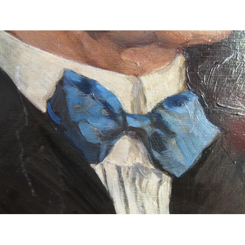 702 - Portrait of Gentleman with Blue Bow Tie and Spectacles Oil on Board Approximately 18 Inches High x 1... 