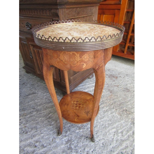 705 - Antique French Side Table with Full Brass Gallery Rail Marble Top Above Marquetry Decoration Kingswo... 