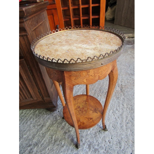 705 - Antique French Side Table with Full Brass Gallery Rail Marble Top Above Marquetry Decoration Kingswo... 