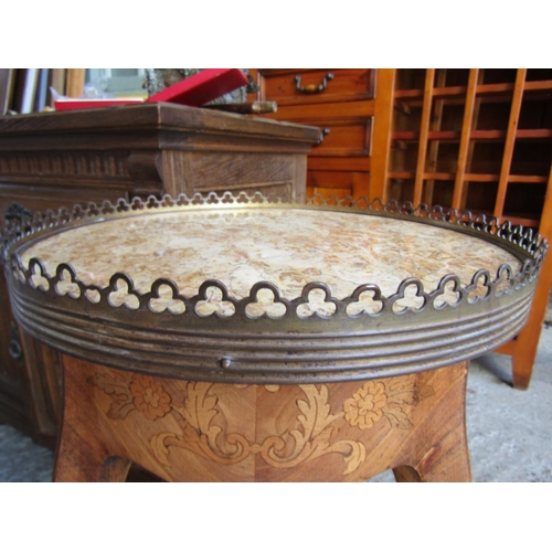 705 - Antique French Side Table with Full Brass Gallery Rail Marble Top Above Marquetry Decoration Kingswo... 