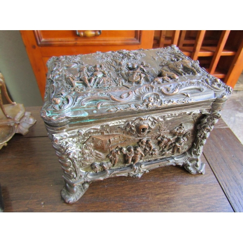 707 - Antique Bronze Table Box Embellished with Various Scenes Finely Detailed Throughout Shaped Form Supp... 