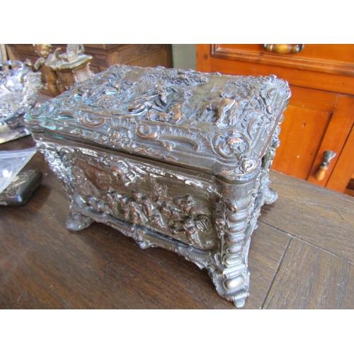 707 - Antique Bronze Table Box Embellished with Various Scenes Finely Detailed Throughout Shaped Form Supp... 