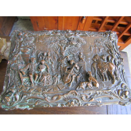 707 - Antique Bronze Table Box Embellished with Various Scenes Finely Detailed Throughout Shaped Form Supp... 