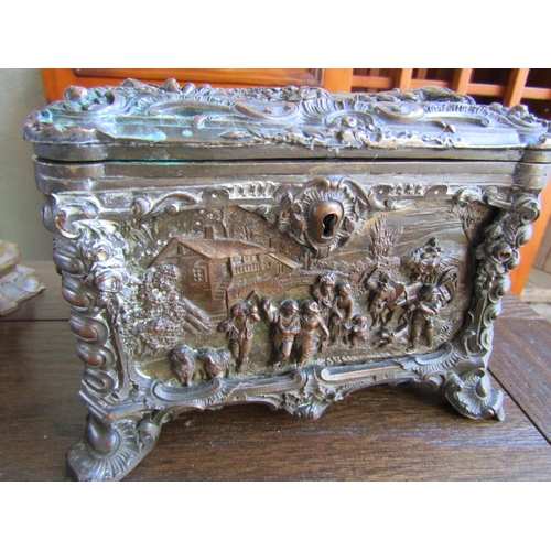 707 - Antique Bronze Table Box Embellished with Various Scenes Finely Detailed Throughout Shaped Form Supp... 