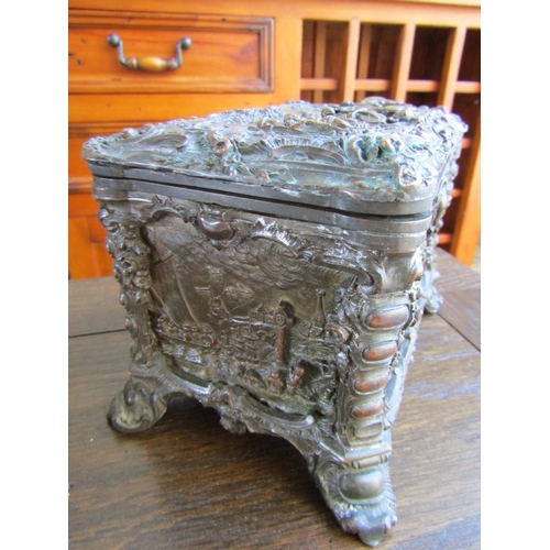 707 - Antique Bronze Table Box Embellished with Various Scenes Finely Detailed Throughout Shaped Form Supp... 