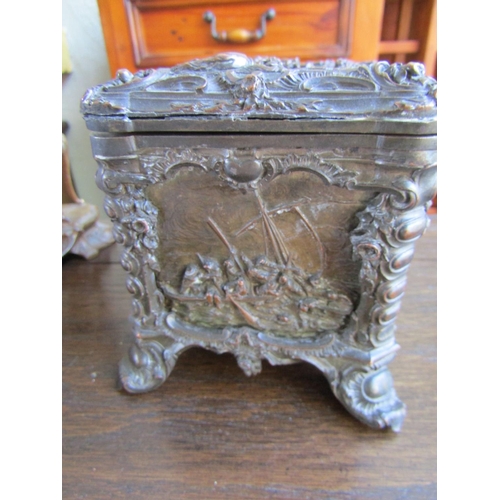 707 - Antique Bronze Table Box Embellished with Various Scenes Finely Detailed Throughout Shaped Form Supp... 