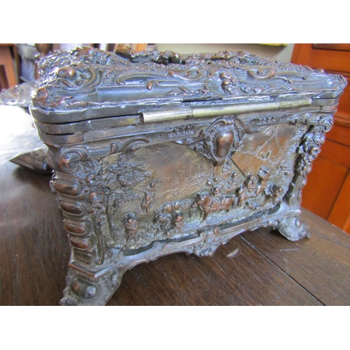 707 - Antique Bronze Table Box Embellished with Various Scenes Finely Detailed Throughout Shaped Form Supp... 