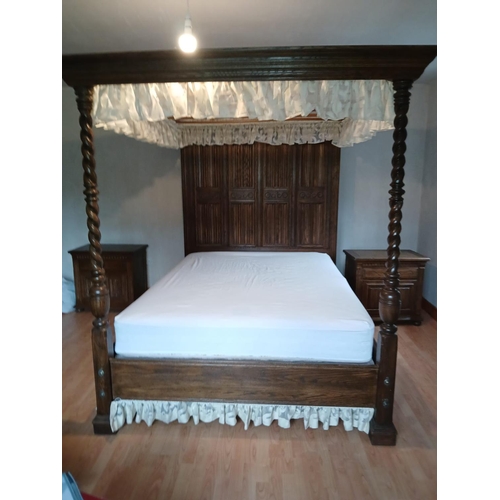 722 - Full Size Twin Poster Bed with Linenfold Carved Back Panel Includes Mattress and Base All Fittings P... 