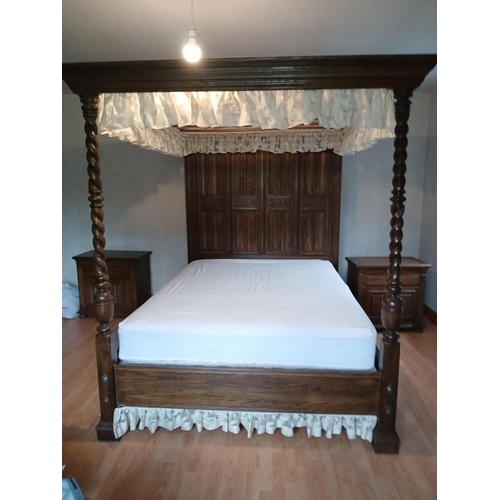 722 - Full Size Twin Poster Bed with Linenfold Carved Back Panel Includes Mattress and Base All Fittings P... 