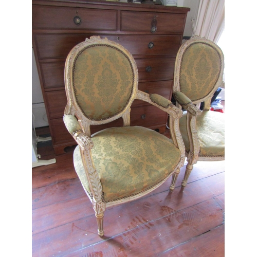 749 - Pair of French Gilded Drawing Room or Bedroom Armchairs Silk Upholstery