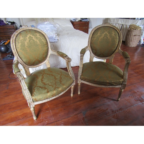 749 - Pair of French Gilded Drawing Room or Bedroom Armchairs Silk Upholstery