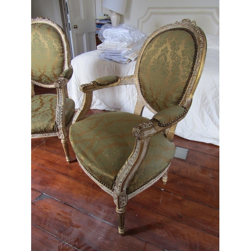 749 - Pair of French Gilded Drawing Room or Bedroom Armchairs Silk Upholstery