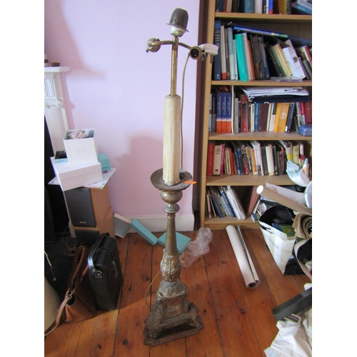 753 - Gilded Metal Church Altar Candle Rest Now Converted for Use as Floor Lamp Antique Approximately 4ft ... 