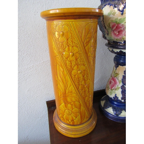 807 - Victorian Yellow Ground Stick and Umbrella Stand of Cyndrical Form and Jardinere on Stand Porcelain ... 