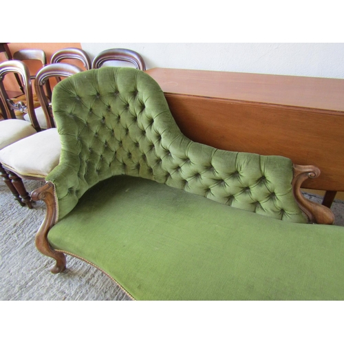 808 - Victorian Mahogany Framed Chaise Longue Cabriole Supports Deep Buttoned Upholstered Emerald Green Up... 