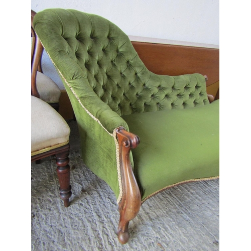 808 - Victorian Mahogany Framed Chaise Longue Cabriole Supports Deep Buttoned Upholstered Emerald Green Up... 