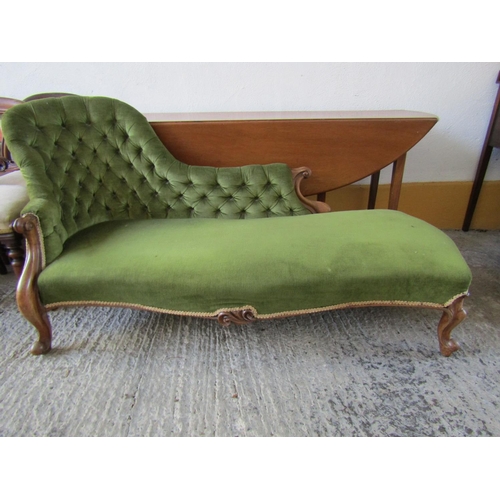 808 - Victorian Mahogany Framed Chaise Longue Cabriole Supports Deep Buttoned Upholstered Emerald Green Up... 