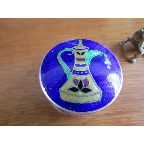 819 - Silver Enamel Decorated Circular Form Pill Box and Neat Alligator Bronze Figure Two Pieces in Lot