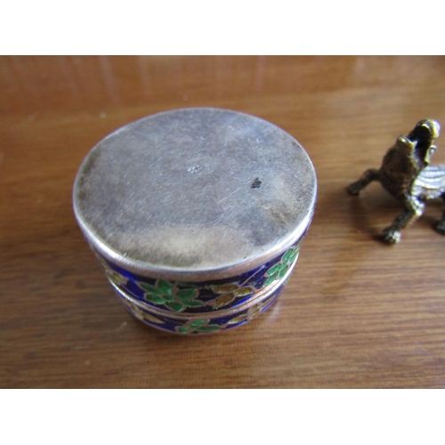 819 - Silver Enamel Decorated Circular Form Pill Box and Neat Alligator Bronze Figure Two Pieces in Lot