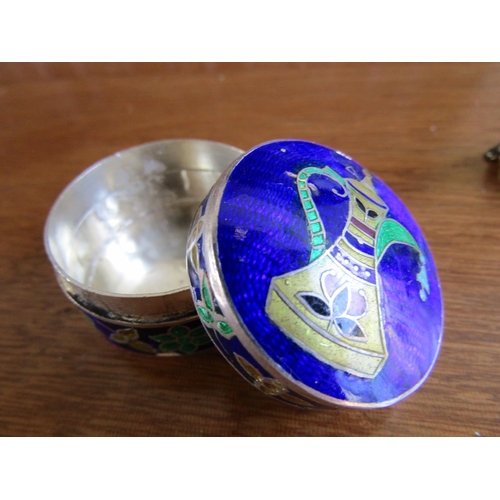 819 - Silver Enamel Decorated Circular Form Pill Box and Neat Alligator Bronze Figure Two Pieces in Lot