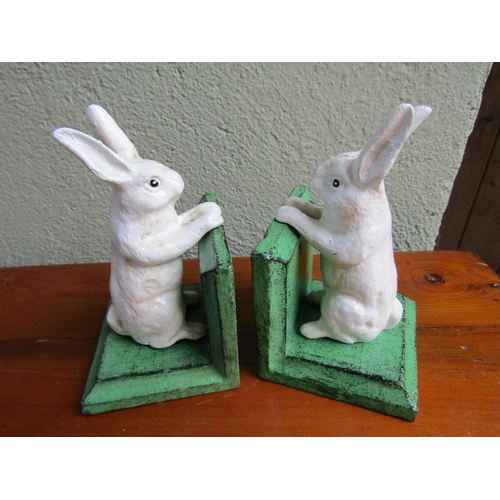 833 - Pair of Cast Metal Rabbit Form Book Ends Each Approximately 5 Inches High