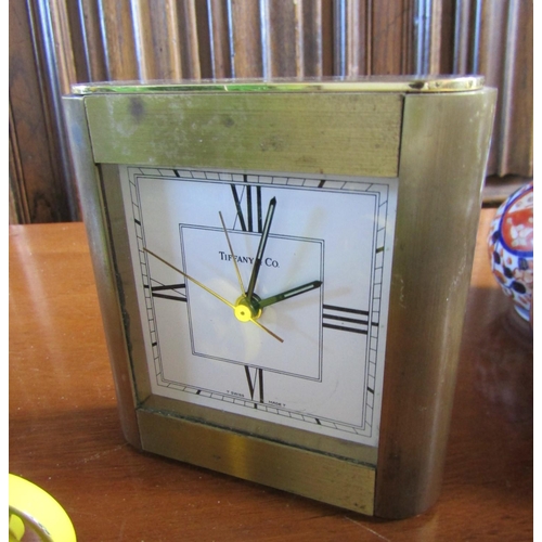 837 - Tiffany Desk Clock Rectangular Form Roman Numeral Decorated Dial Brass Bound Signed Approximately 4 ... 