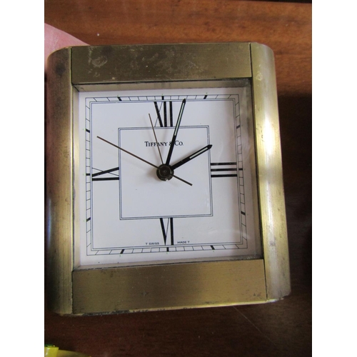 837 - Tiffany Desk Clock Rectangular Form Roman Numeral Decorated Dial Brass Bound Signed Approximately 4 ... 