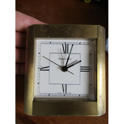 837 - Tiffany Desk Clock Rectangular Form Roman Numeral Decorated Dial Brass Bound Signed Approximately 4 ... 