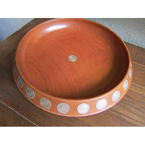 840 - Scottish Silver Coin Inset Wooden Table Dish Circular Form by Beedie of Dundee Stamped to Base